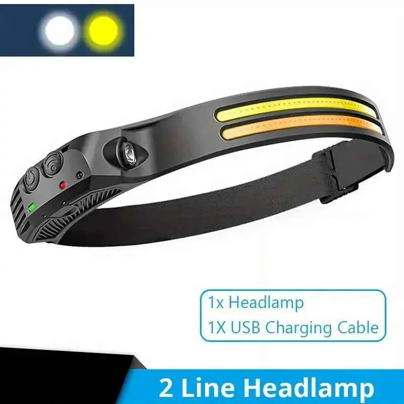 Multi-functional COB Headlamp Induction 6000K LED Bar Head Torch Work Light 5 Modes Rechargeable for Climbing Running Cycling