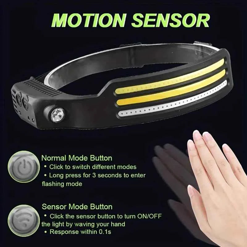 Multi-functional COB Headlamp Induction 6000K LED Bar Head Torch Work Light 5 Modes Rechargeable for Climbing Running Cycling