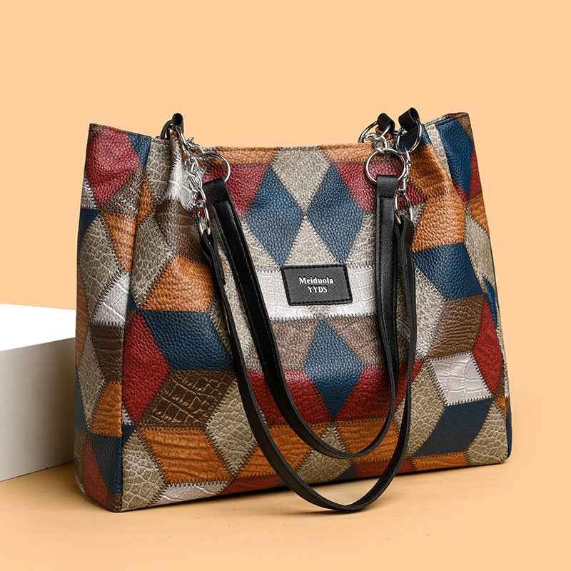 Retro Geometric Pattern Color-matching Shoulder Bag Fashion Large
