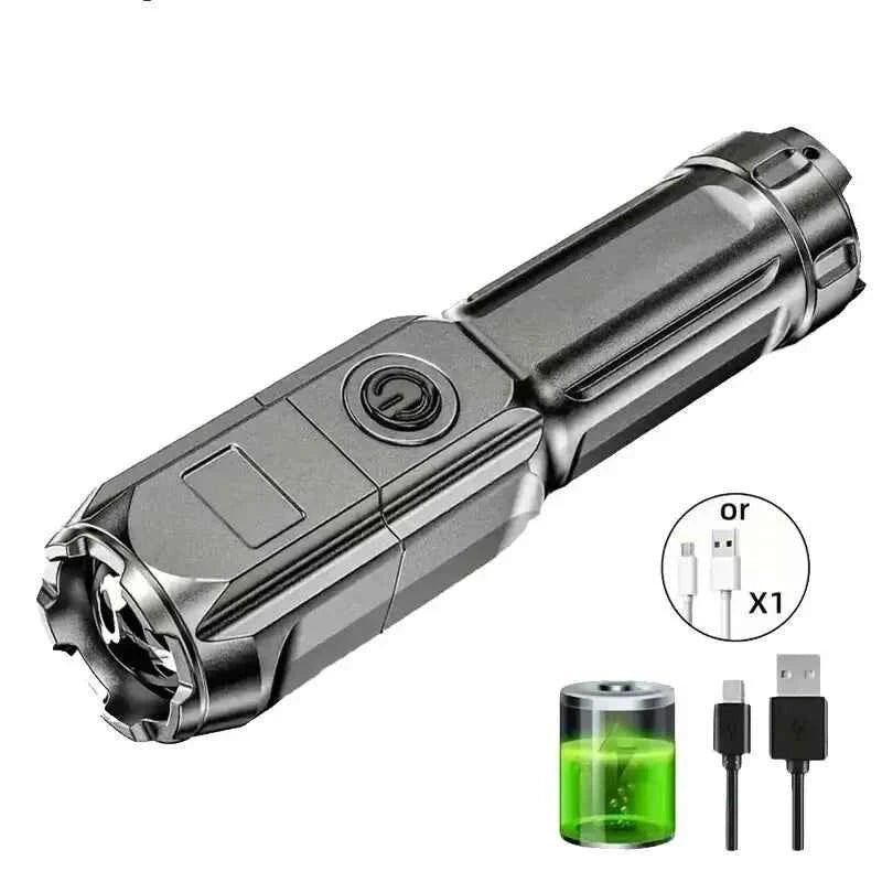 Super Bright LED Flashlight Rechargeable Zoom Torch 3 Modes Waterproof Long Range ABS Strong Light for Outdoor Camping Hiking