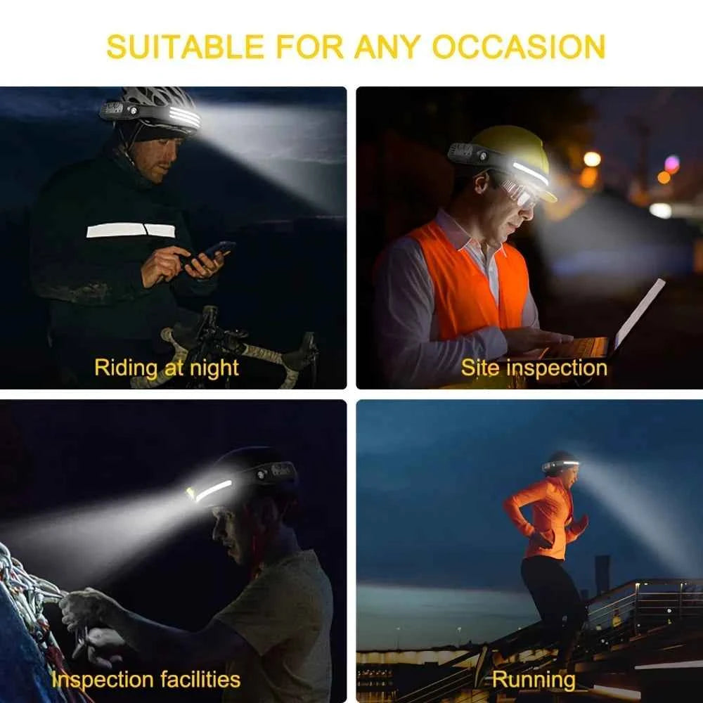 Multi-functional COB Headlamp Induction 6000K LED Bar Head Torch Work Light 5 Modes Rechargeable for Climbing Running Cycling
