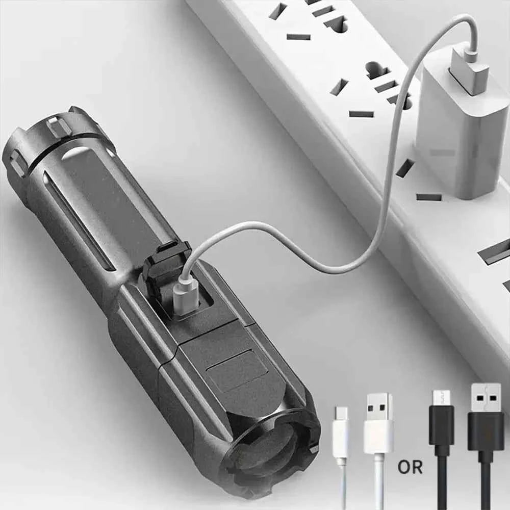 Super Bright LED Flashlight Rechargeable Zoom Torch 3 Modes Waterproof Long Range ABS Strong Light for Outdoor Camping Hiking