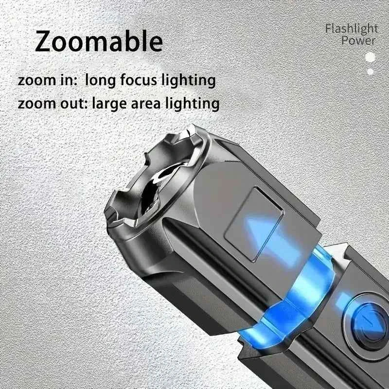 Super Bright LED Flashlight Rechargeable Zoom Torch 3 Modes Waterproof Long Range ABS Strong Light for Outdoor Camping Hiking