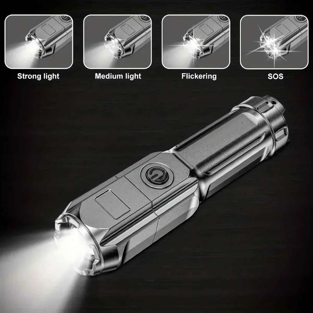 Super Bright LED Flashlight Rechargeable Zoom Torch 3 Modes Waterproof Long Range ABS Strong Light for Outdoor Camping Hiking