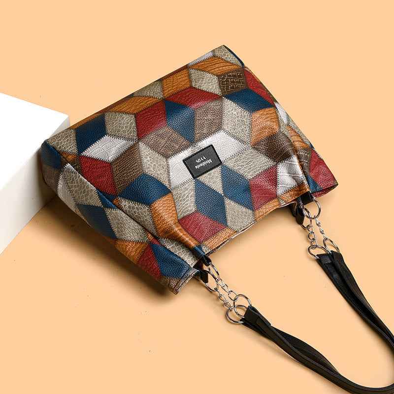 Retro Geometric Pattern Color-matching Shoulder Bag Fashion Large